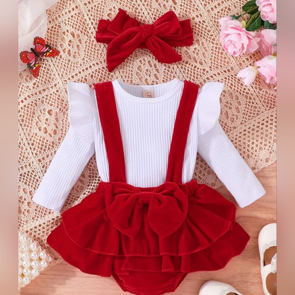 3 pcs Baby Girls long-sleeve top and suspender skirt set